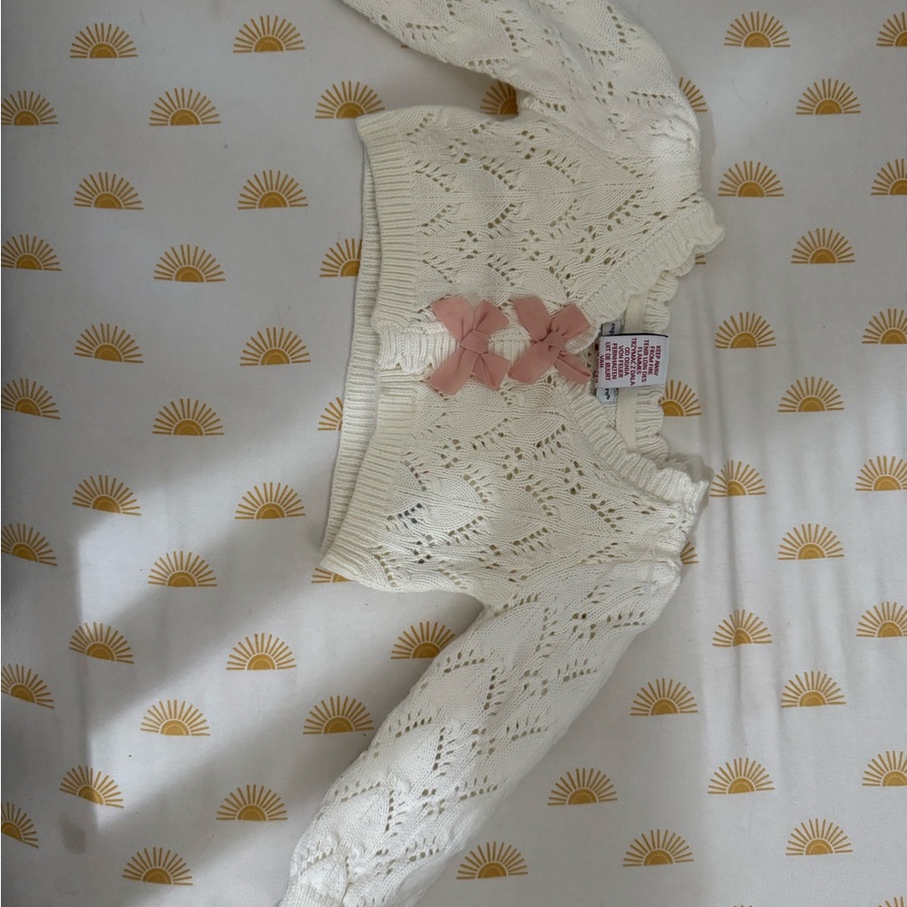 White Knit Baby Sweater with Pink Bow